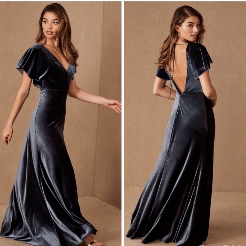 BHLDN Anthropologie Jenny Yoo Ellis Flutter Sleeve Blue Velvet Maxi Gown Dress 8